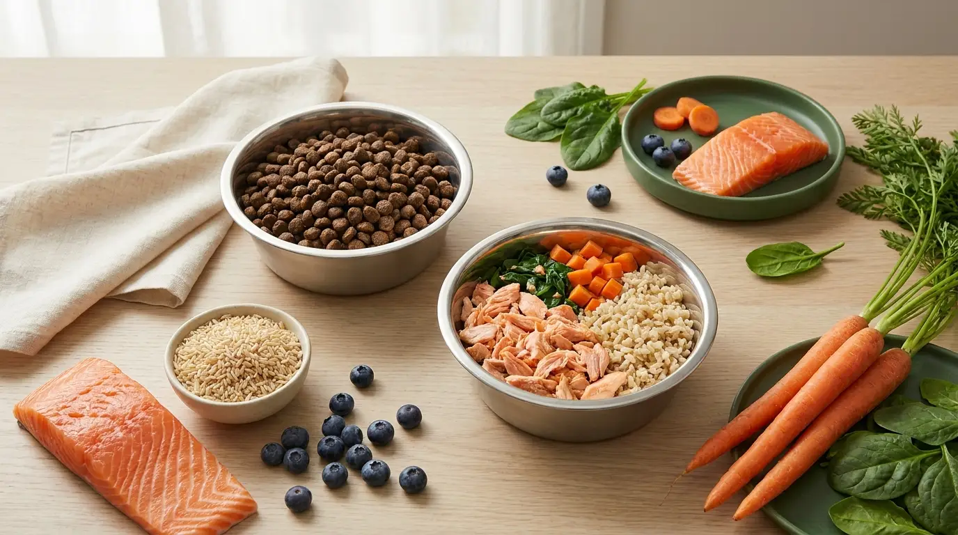 Bowls of kibble and fresh dog food with wholesome ingredients — Food & Nutrition guides