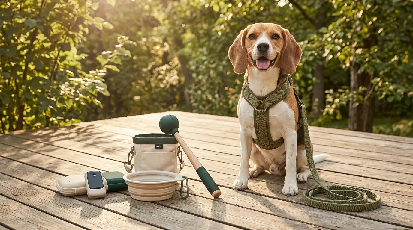 Beagle in a no-pull harness beside modern dog gear — Gear & Gadgets guides