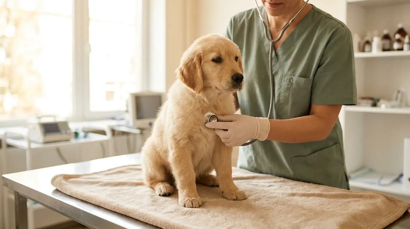 Veterinarian examining a golden retriever puppy — Health & Safety guides