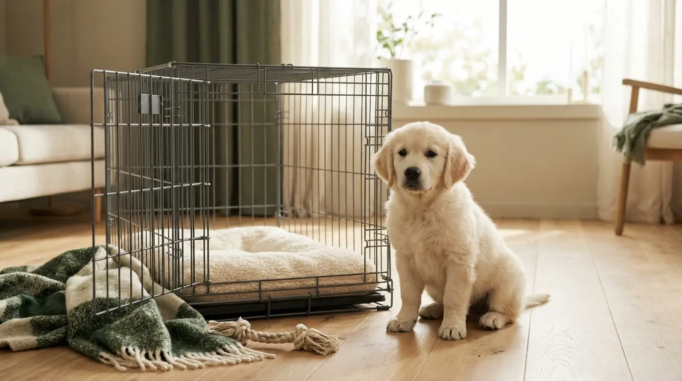 Golden retriever puppy beside a cozy crate — Puppy Essentials guides