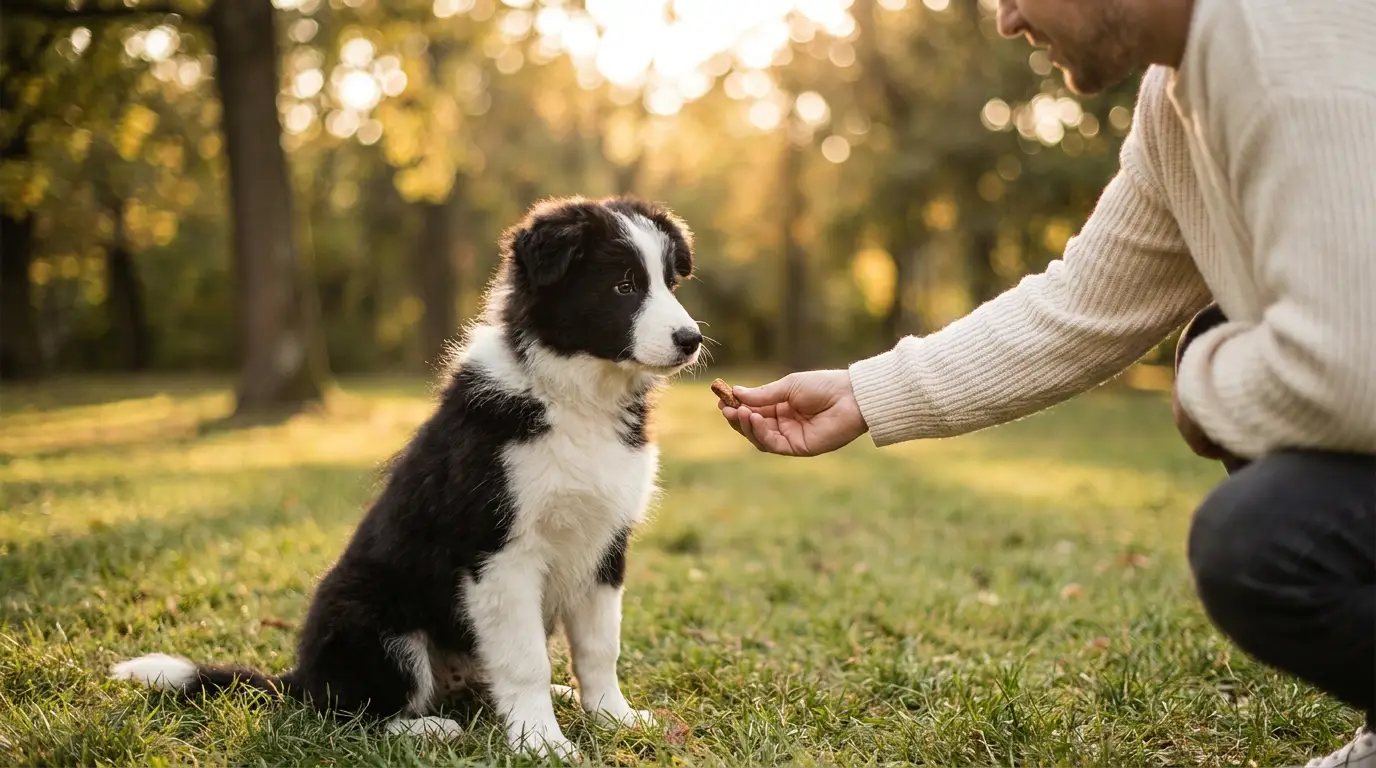 Border collie puppy learning to sit for a treat — Puppy Training guides